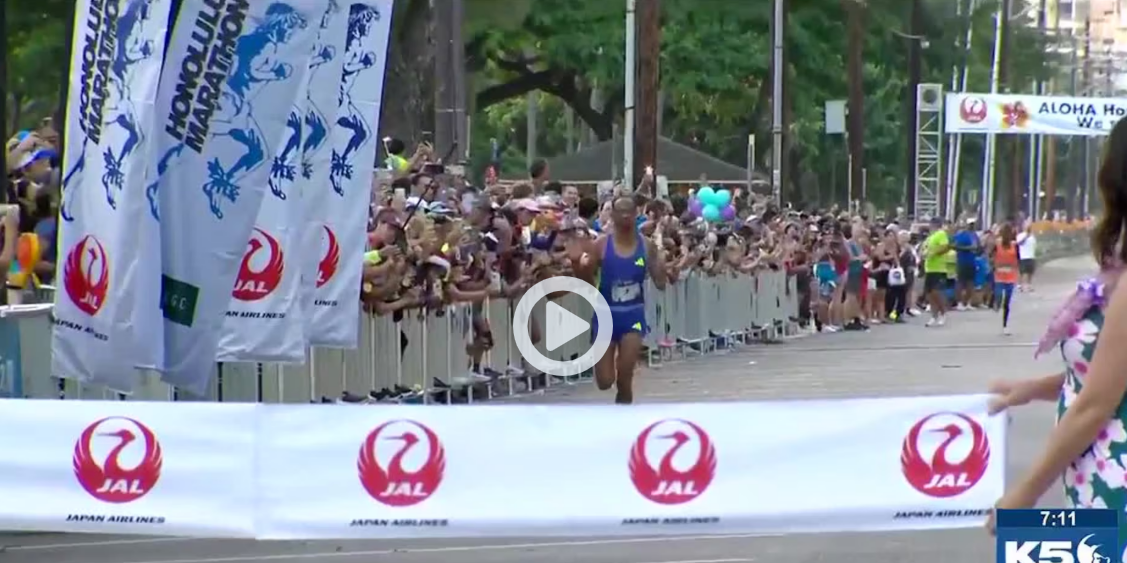 2024 Honolulu Marathon: Yamane Haileselassie of Eritrea crosses the finish line